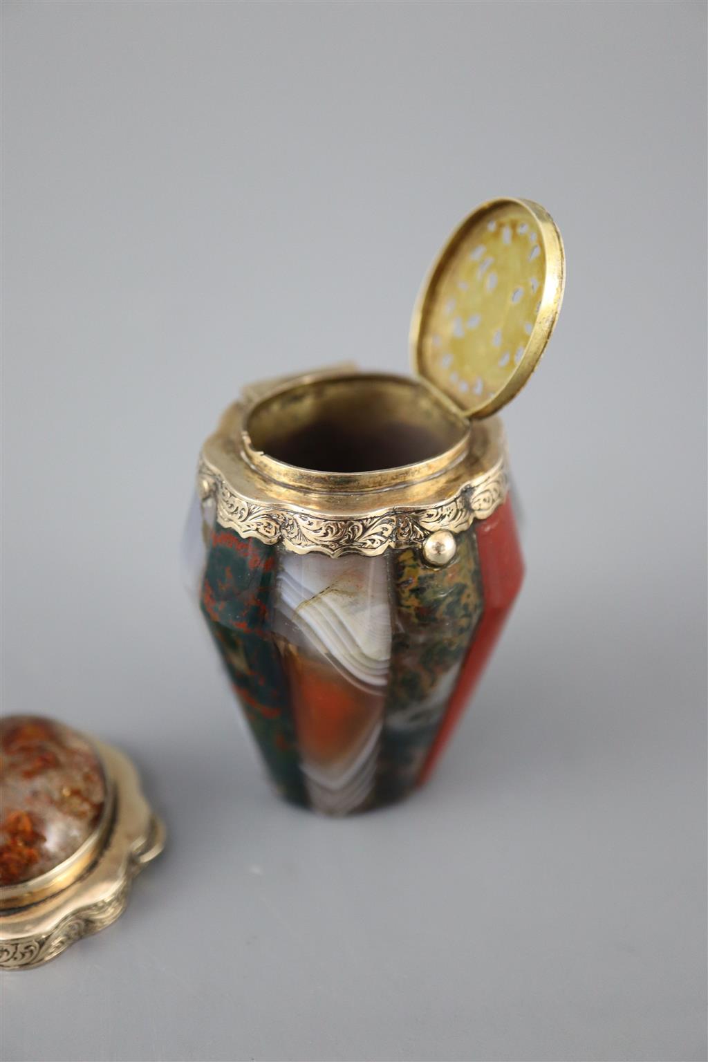 A 19th century engraved gold mounted Scottish hardstone and cabochon set vinaigrette,